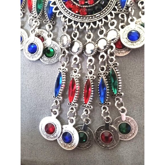Bohemian Silver Statement Necklace With Multicolor Gem Accents & Dangle Coins - Picture 3 of 6